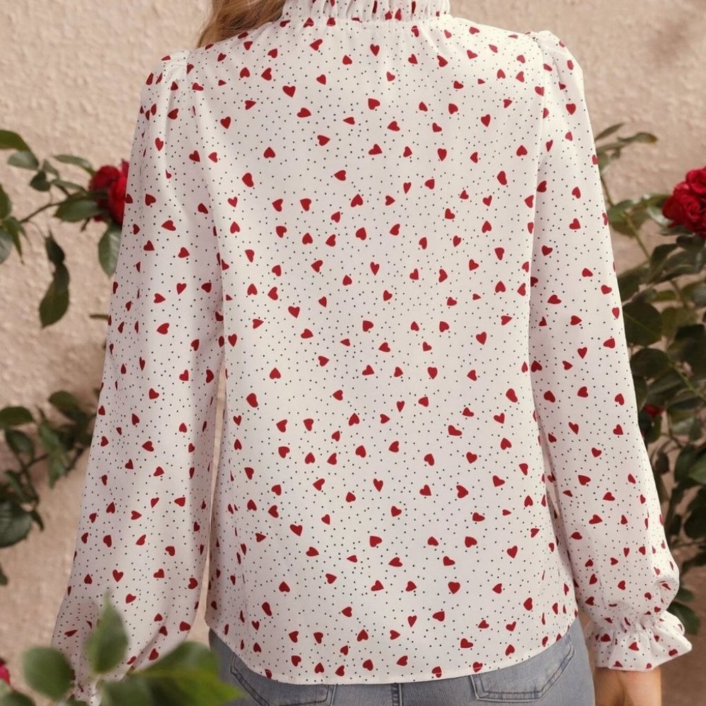 Heart & Polka Dot Frill Trim Tie Neck Flounce Sleeve Blouse - Picture 3 of 5